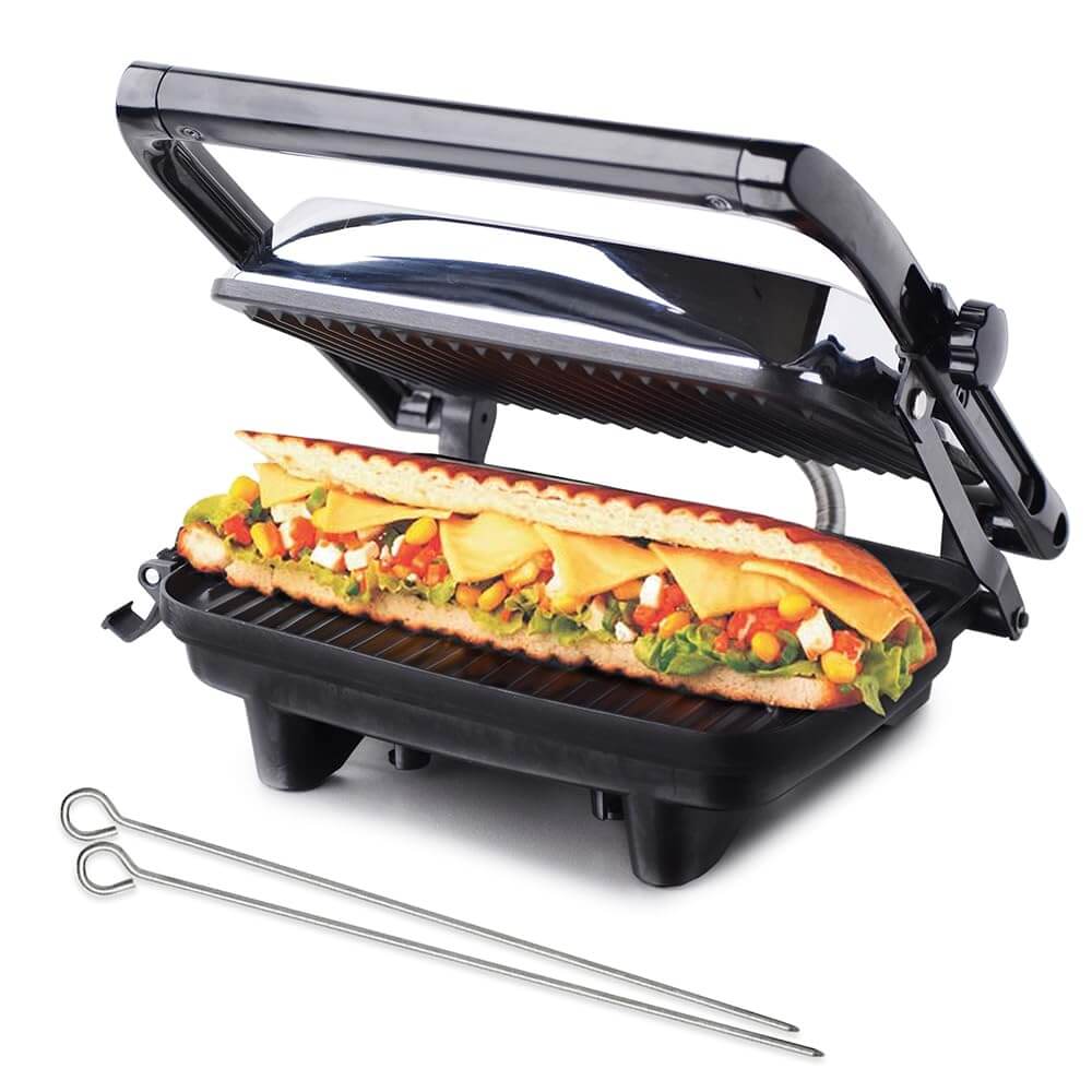 Hamilton Beach 1400W panini maker with adjustable height control and stainless steel body
