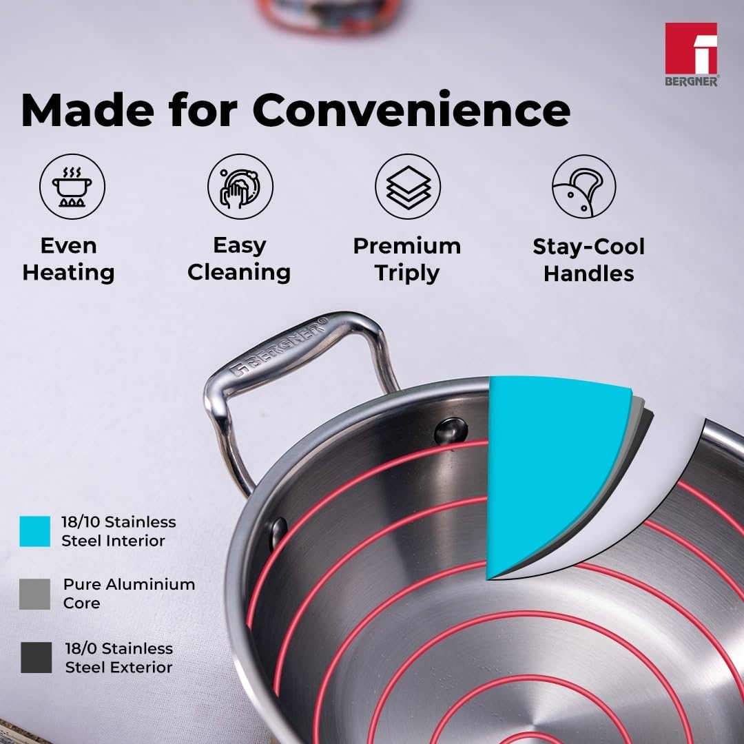 Bergner Argent Triply Deep Kadai, Stainless Steel Lid, For Sauté/Deep Fry/Gravy/Stir Fry/Steam, Heat Resistant Handles, Multi-Layered Mirror Finish, Induction & Gas Ready, 5-Year Warranty