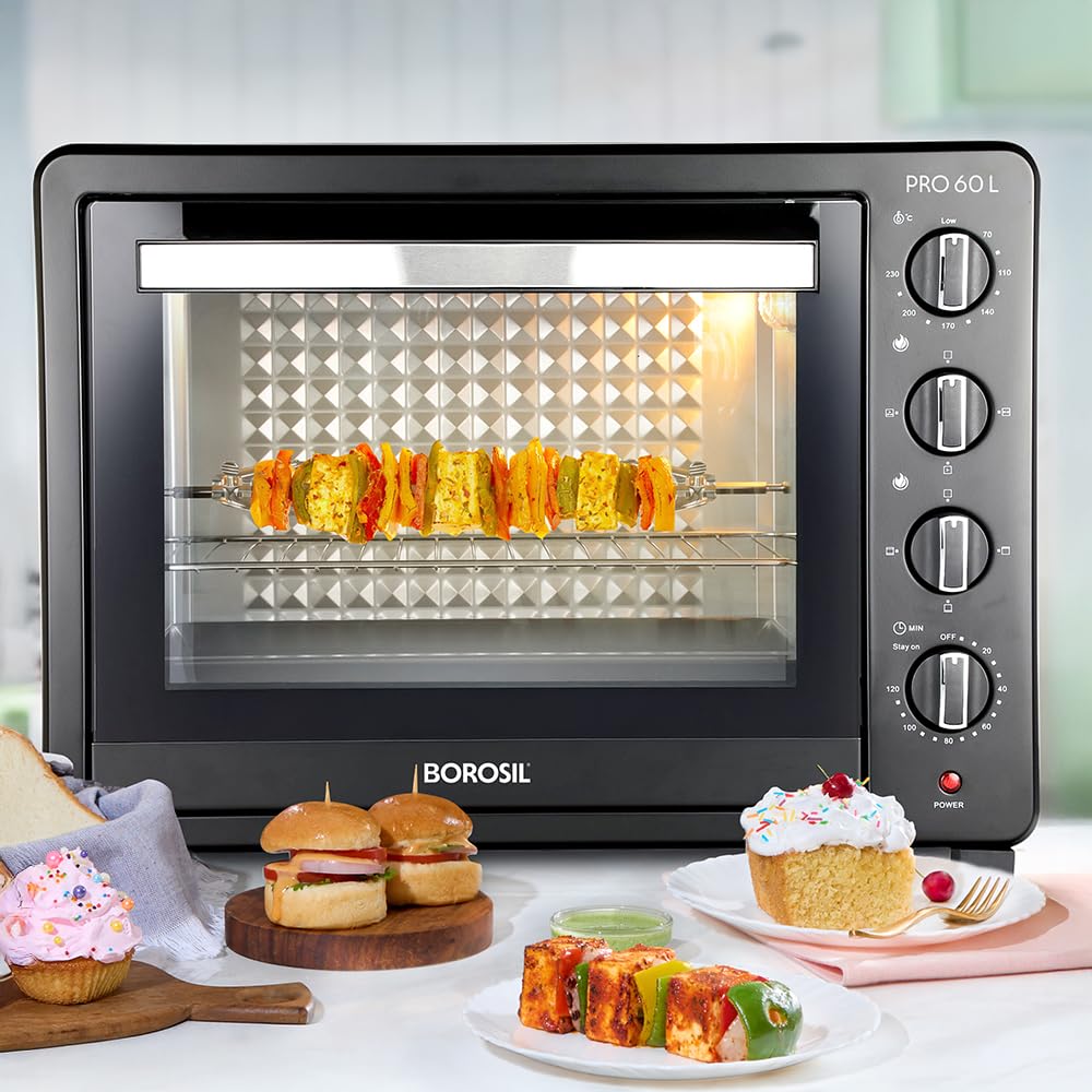 Borosil Pro 60L OTG showing illuminated cooking chamber and temperature controls