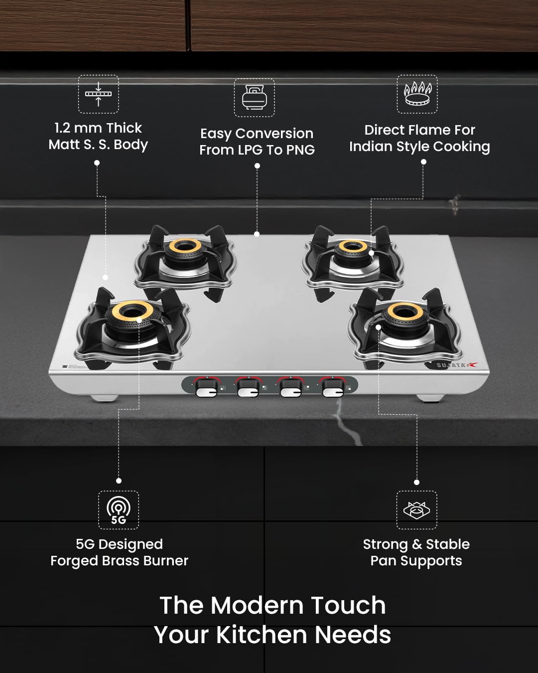 ISI certified Sujata Majestic 4 burner LPG PNG compatible gas stove
