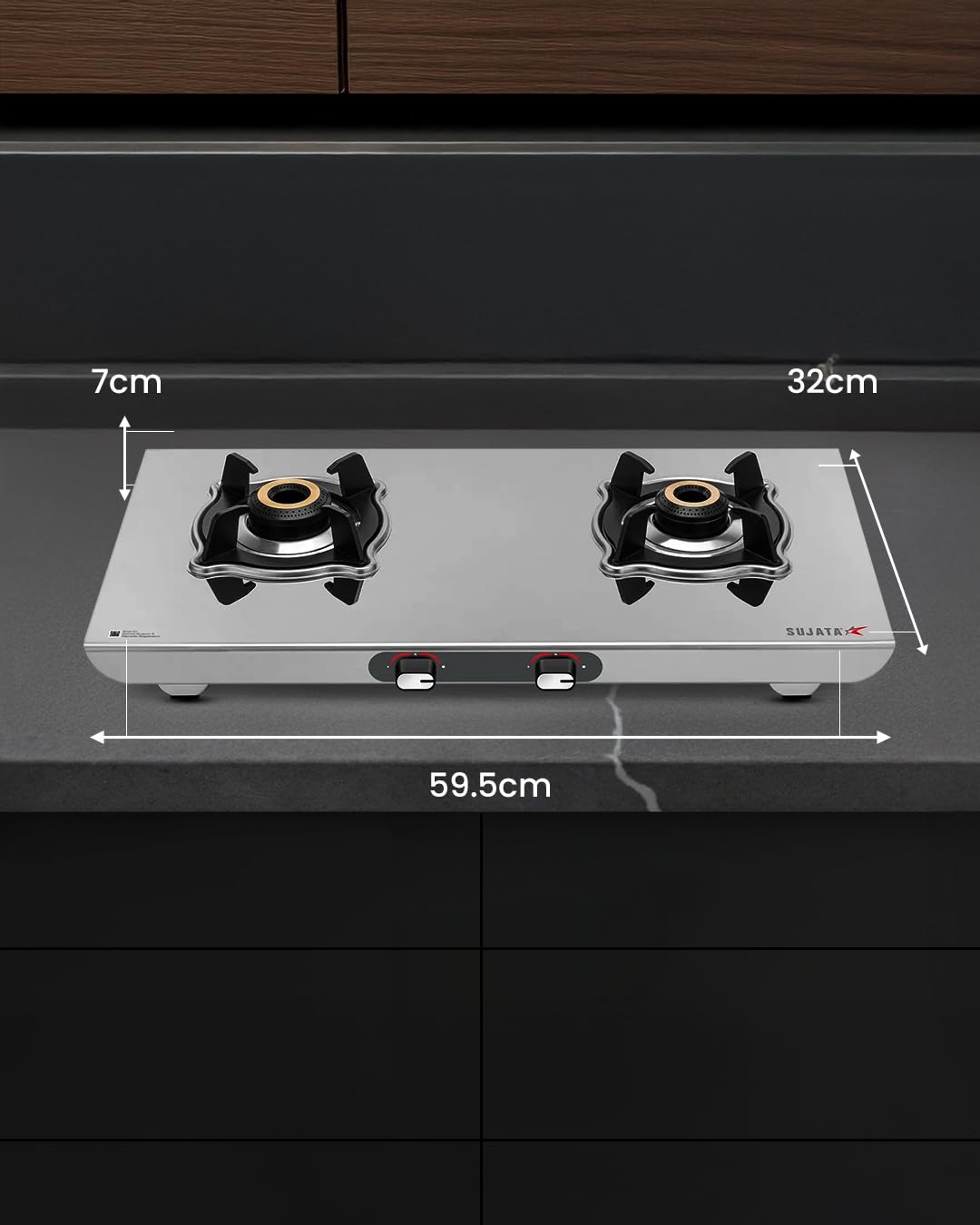 Sujata 2 burner steel gas stove manual ignition direct flame brass burners cooktop
