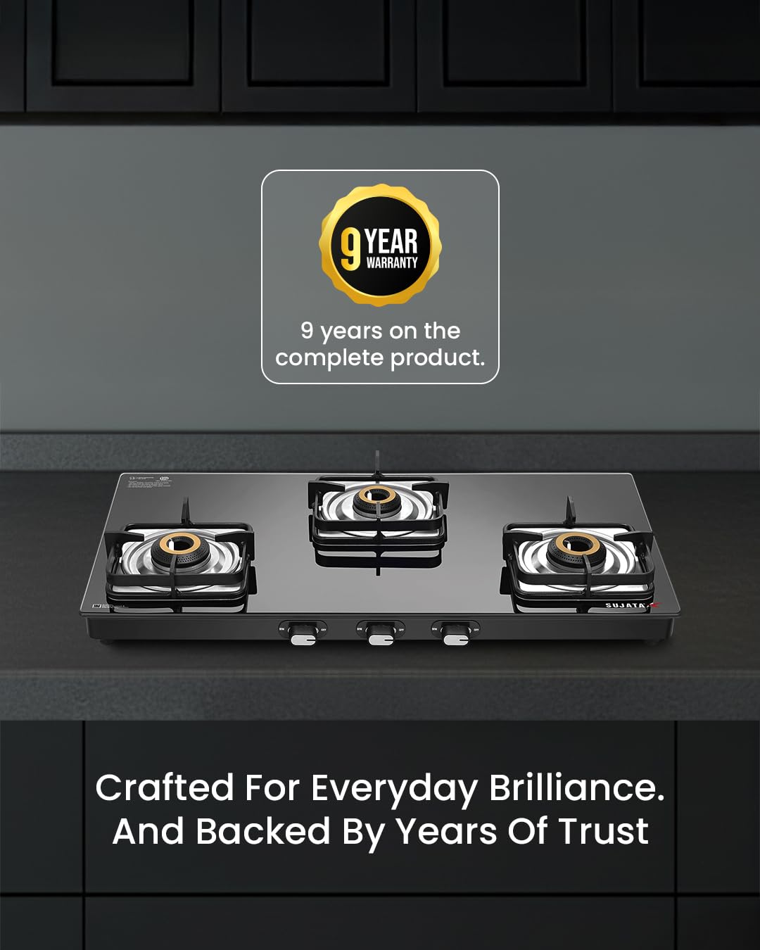 Sujata auto ignition 3 burner gas stove with 8mm toughened glass top