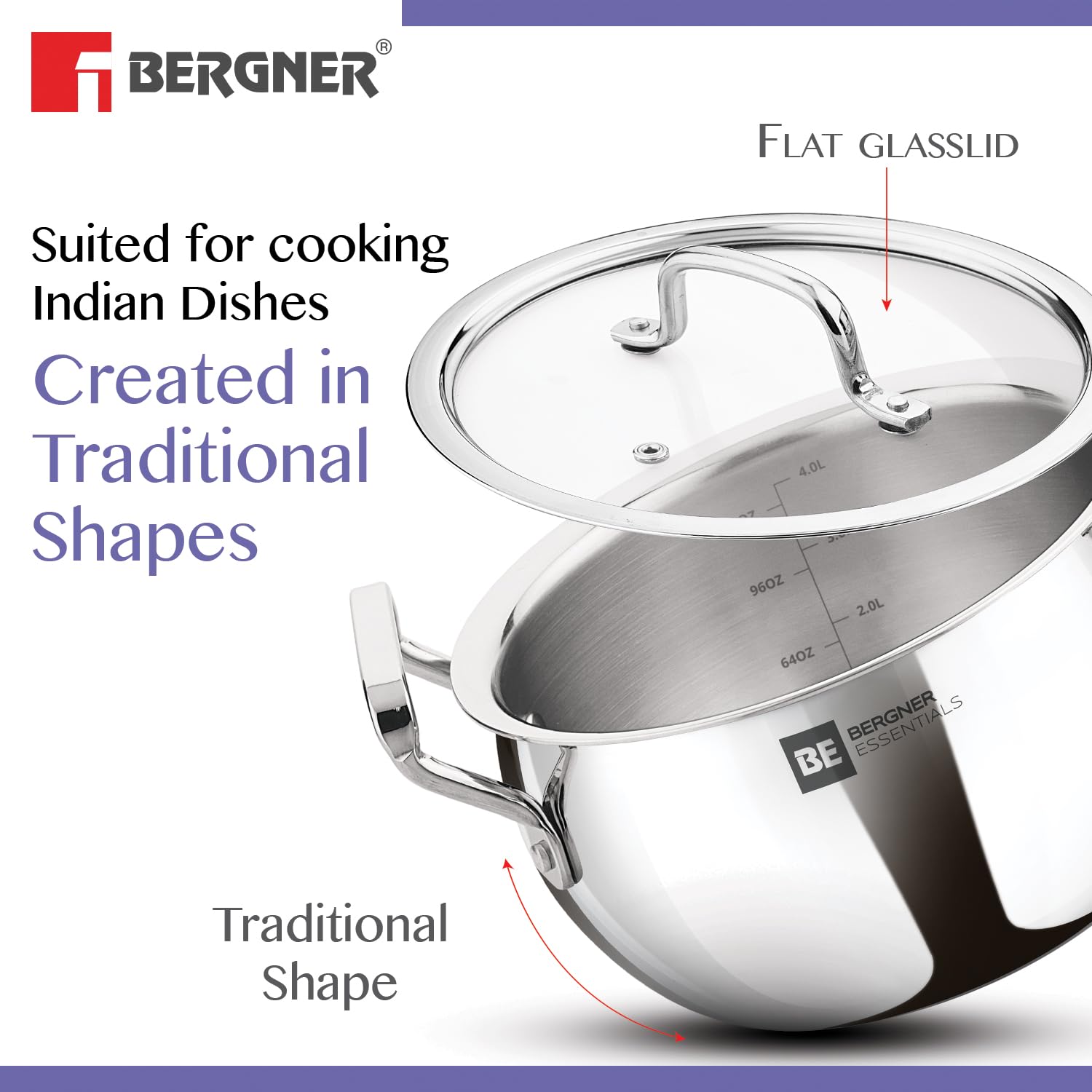 Bergner Essentials Tri-Ply Stainless Steel Rice Handi with Lid, Small, Induction & Gas Ready, 5-Year Warranty