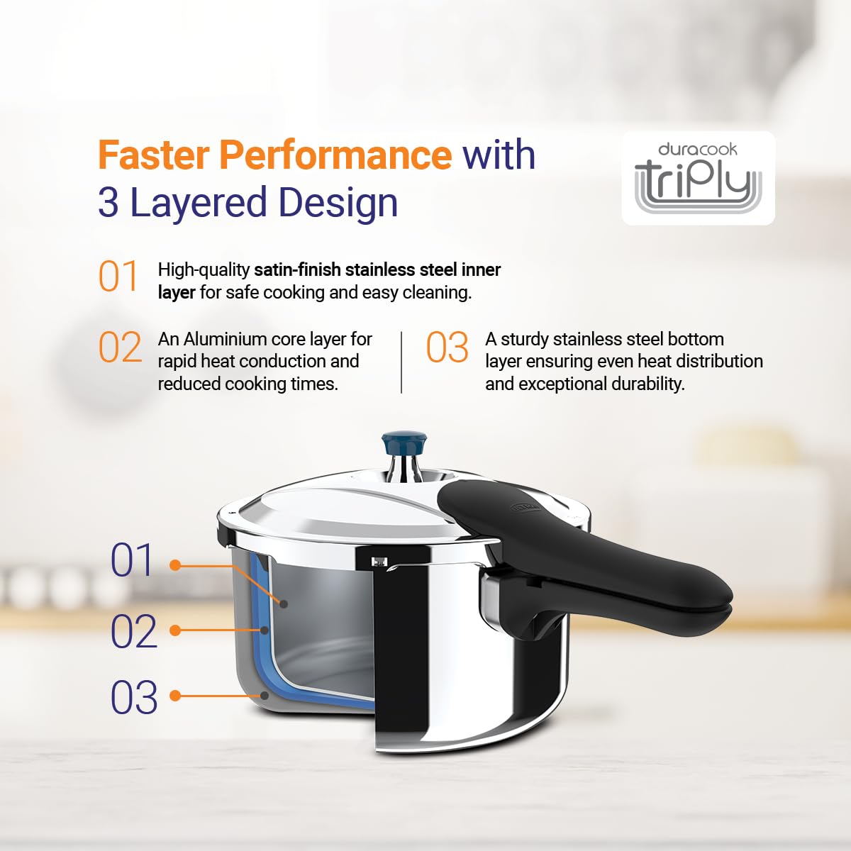 Ultra Duracook Triply Pressure Cooker, Food Grade SS 304, Induction Compatible, 5-Year Warranty