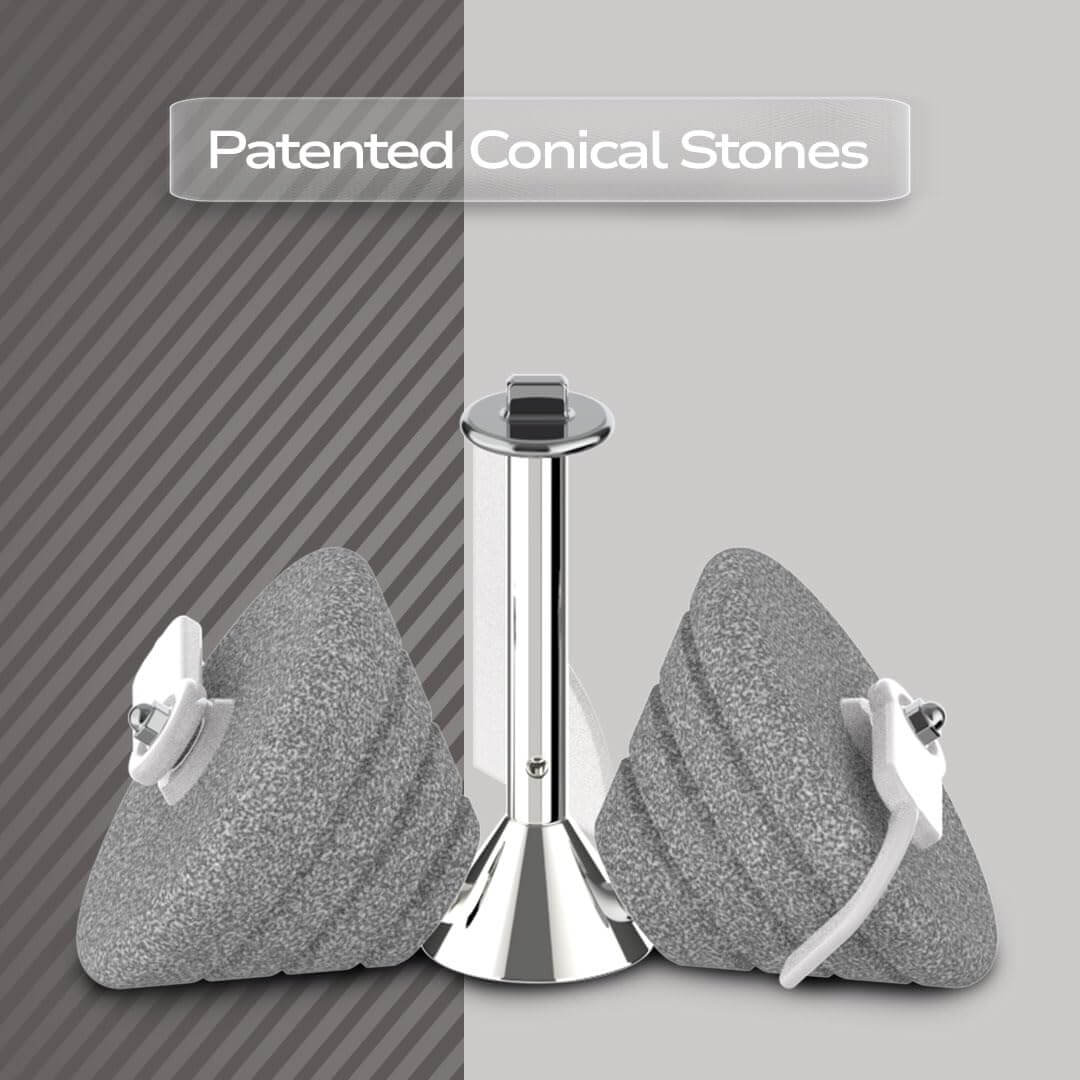 Patented conical stones for Ultra BIGG+ wet grinder, enhancing grinding efficiency and fermentation.