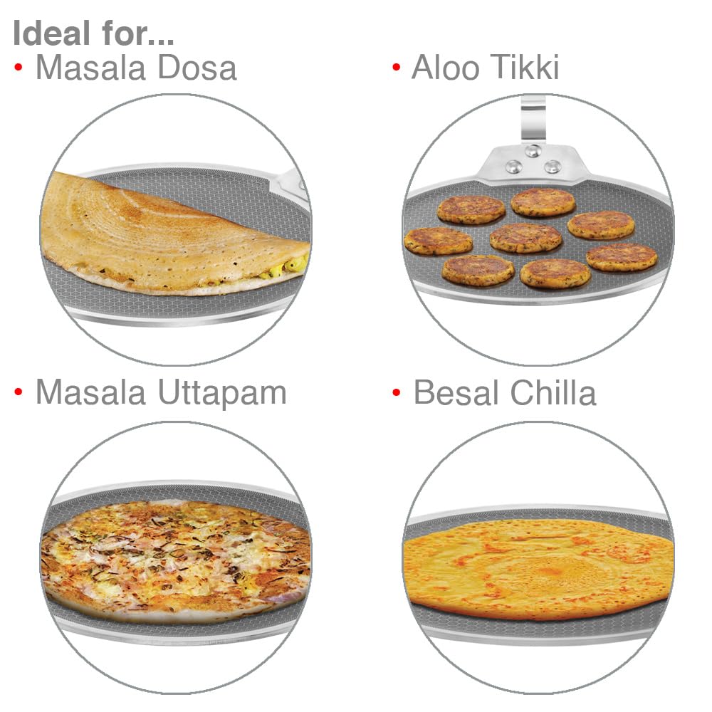 Premium triply dosa tava showing extra-thick construction and reinforced stainless steel rivets