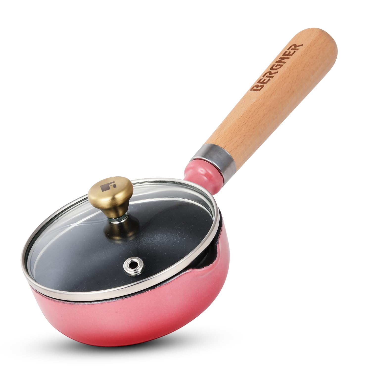 Pink cast iron vaghar pan with wooden handle and silicone grips for safe handling