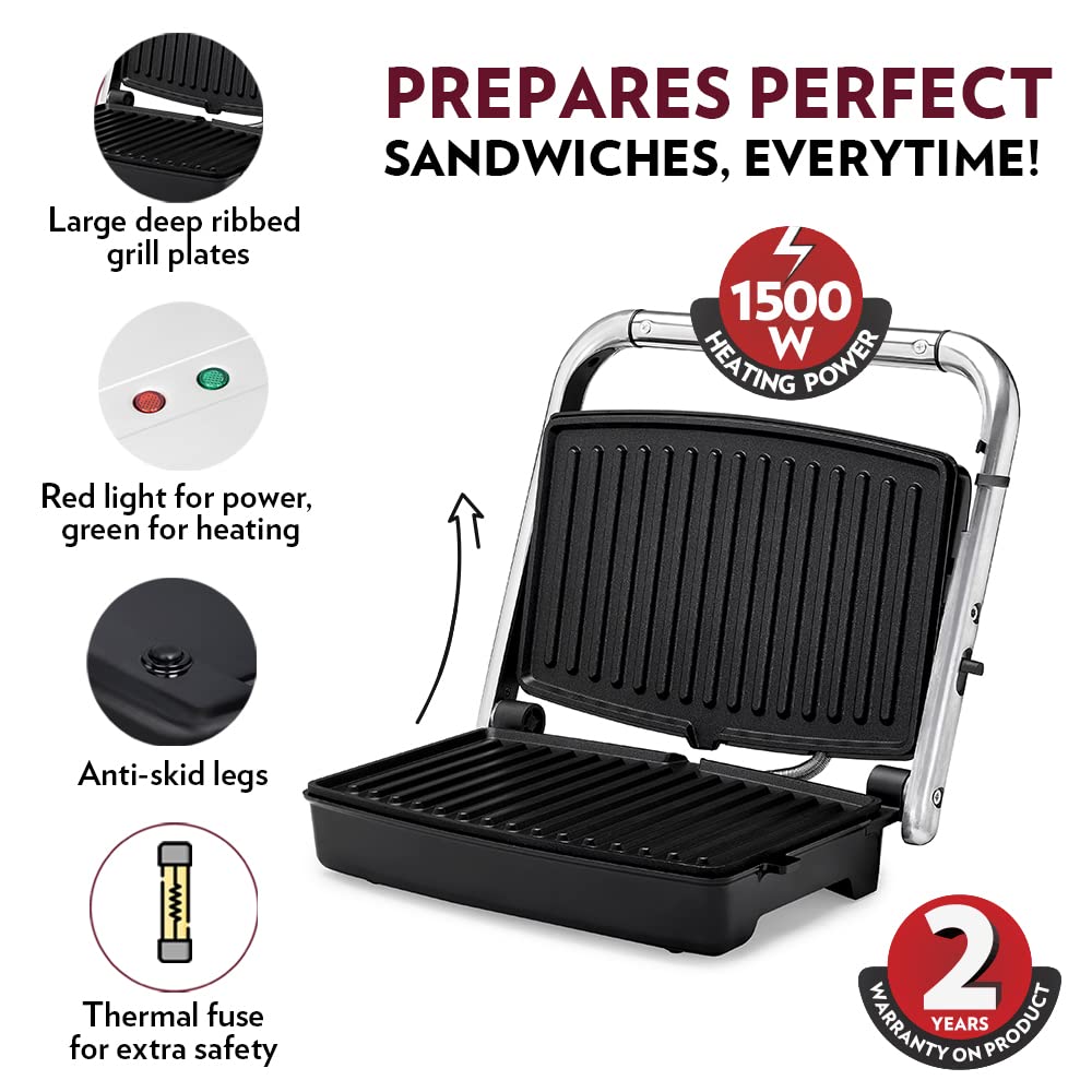 Borosil Jumbo 1500W Grill Sandwich Maker - 4 Sandwich Capacity, Non-Stick Plates