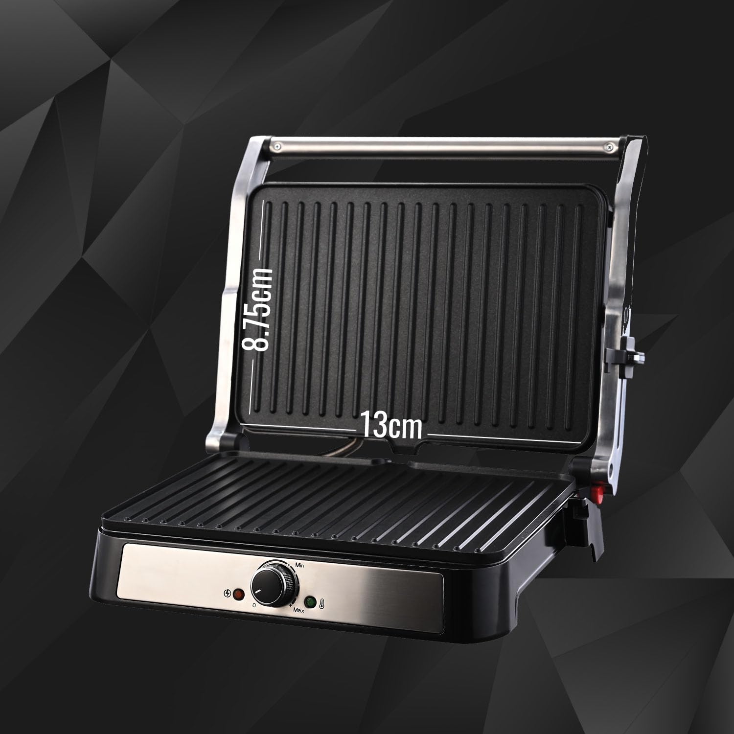 Close-up of Teflon coating on Sujata SG01 aluminium grill plate showing ribbed non-stick surface for oil-free cooking