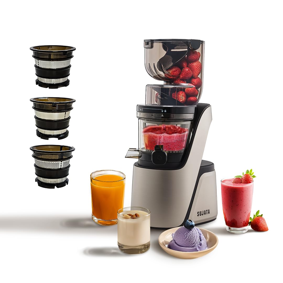 Sujata SJ01 cold press slow juicer in brushed champagne finish with dual feeding chute