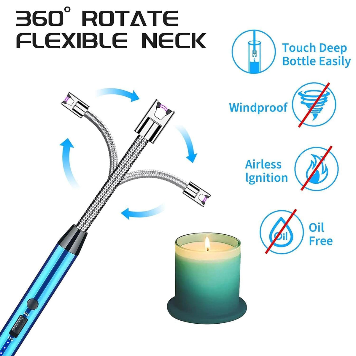 360° flexible neck rechargeable electric lighter, windproof design for candles and hard-to-reach areas.