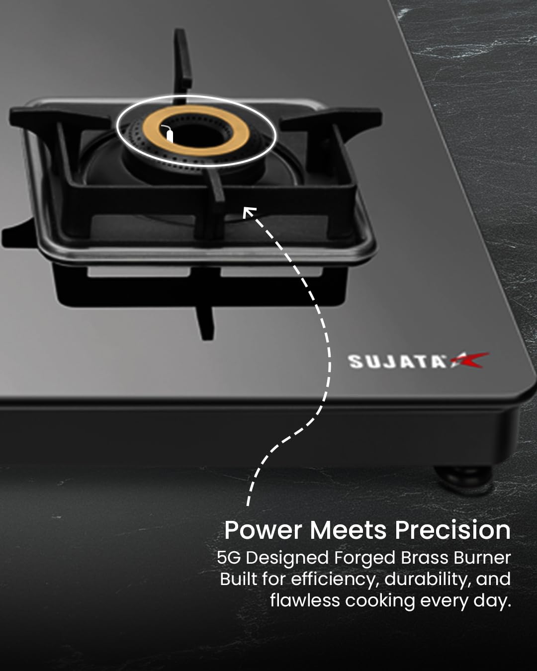 Sujata gas stove with a close-up of the burner on a dark background sujata premium glass top Gas stove