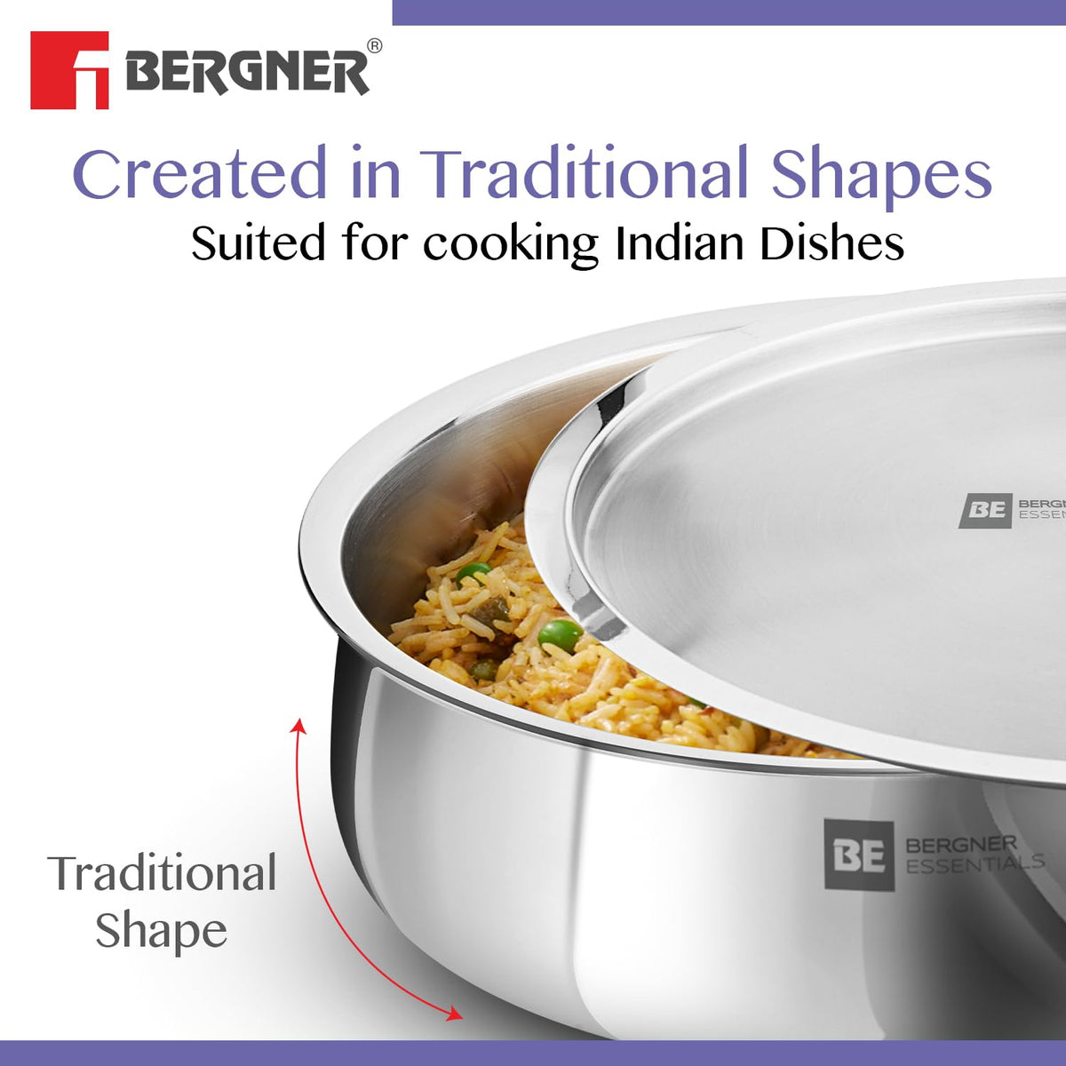 BE Bergner Essentials Tri-Ply Stainless Steel Biryani Handi with Lid, Even Heat Distribution, 5-Year Warranty