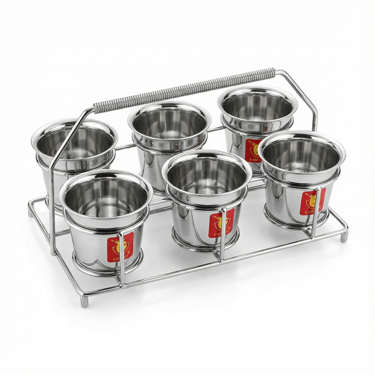 Fawn stainless steel coffee glass set with 6 pieces and chrome wire stand with handle