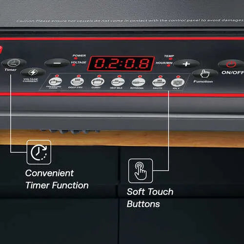 Judge by Prestige Aura 1350W induction cooktop with food being cooked in a pan on a wooden kitchen countertop