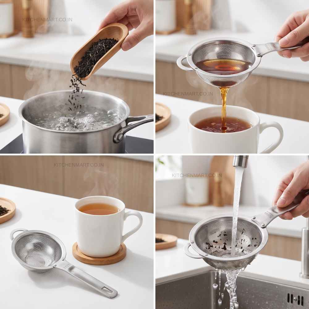 KitchenMart Shengya Stainless Steel Tea Strainer with Handle – SUS304 18/8 Steel (3 Sizes)