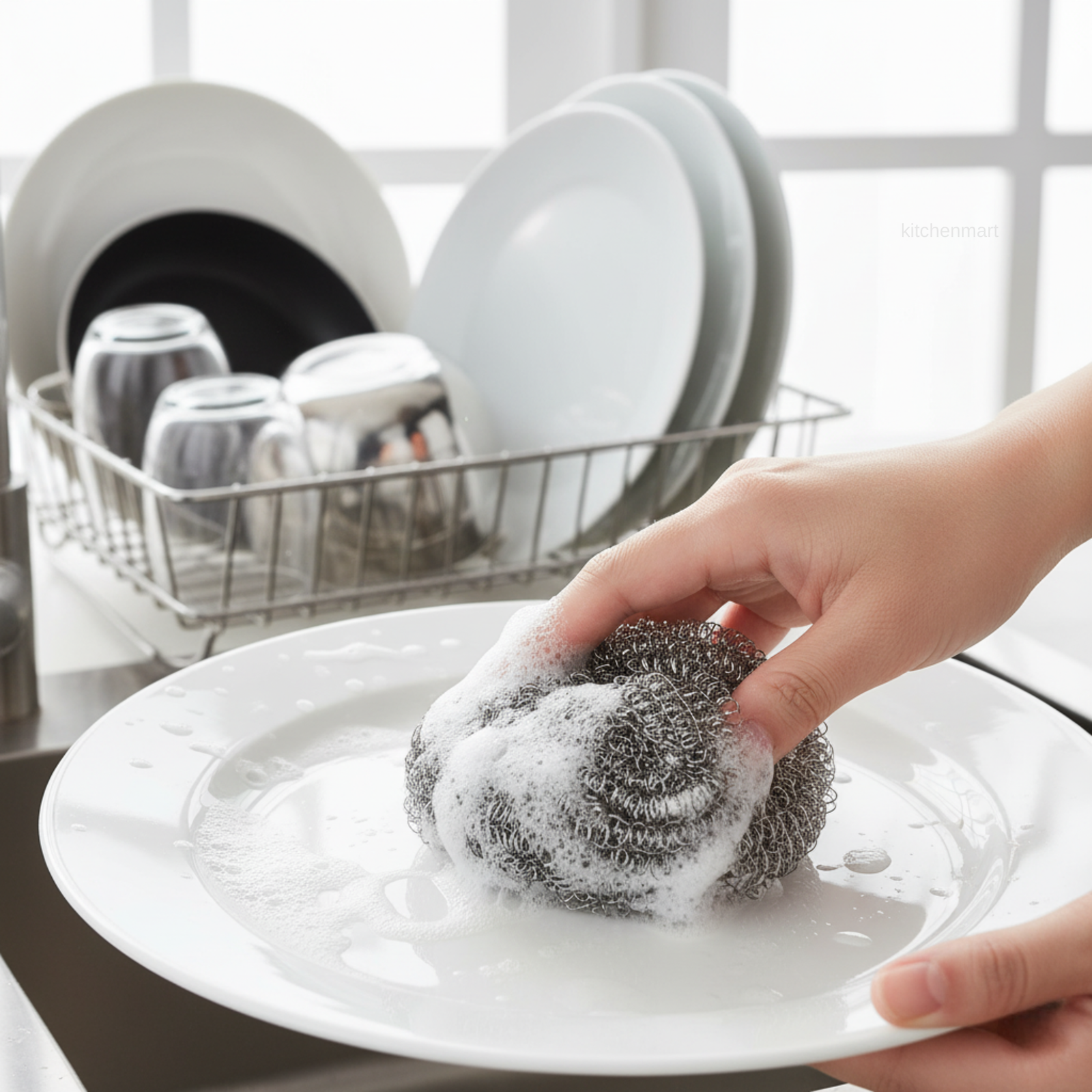 Person cleaning a white plate with a steel wool scrubber in a kitchen setting.