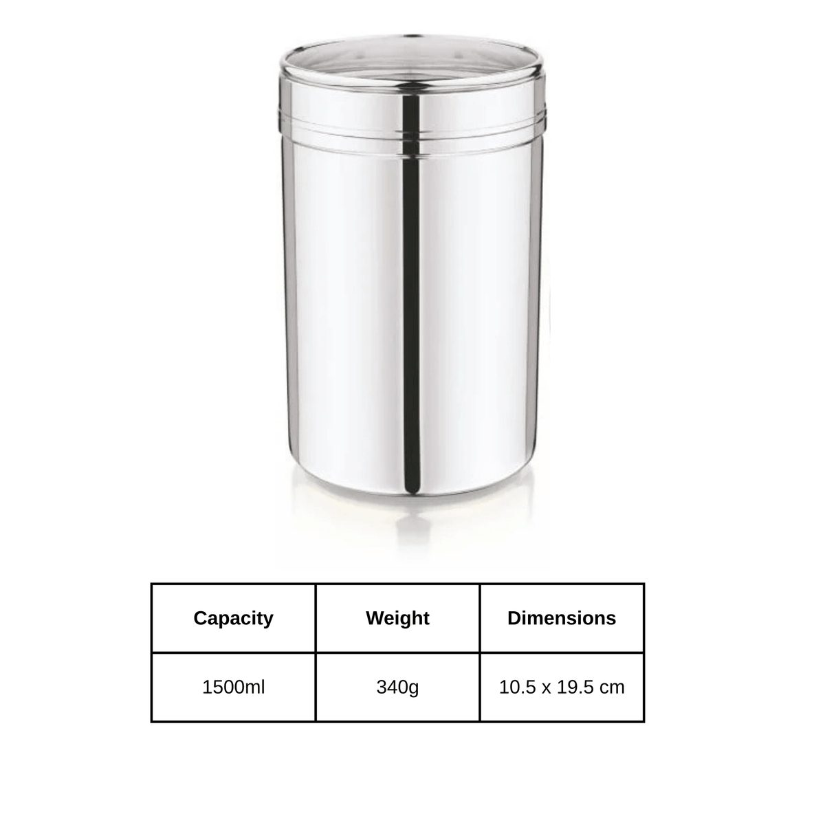 Mukti stainless steel kitchen storage jar with see-through lid and dimensions, ideal for organizing food.