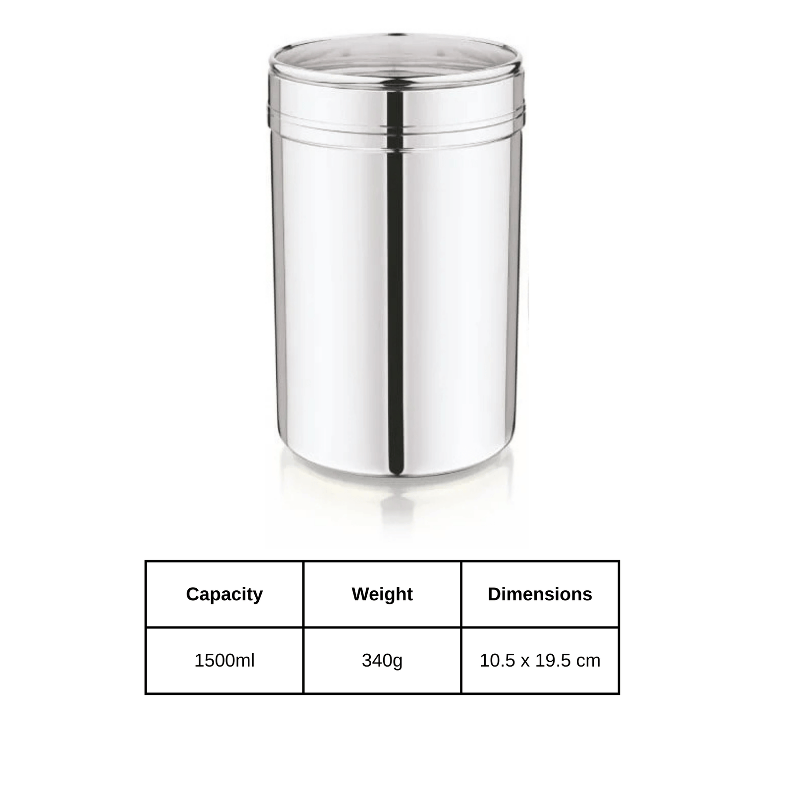 Mukti stainless steel kitchen storage jar with transparent lid, 1300ml capacity, 340g weight, modern kitchen organizer.