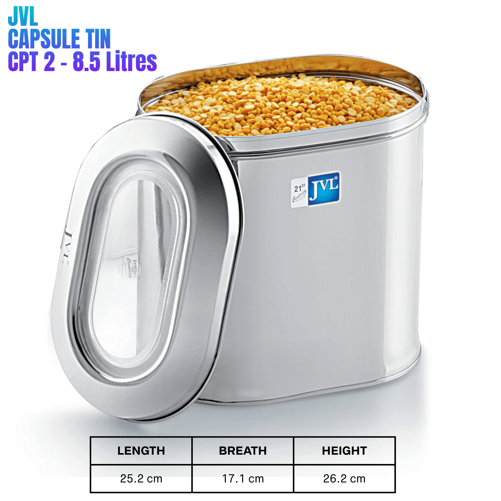 JVL Stainless Steel Capsule Tin with see-through lid, 8.5 liters capacity, perfect for food storage and organization.