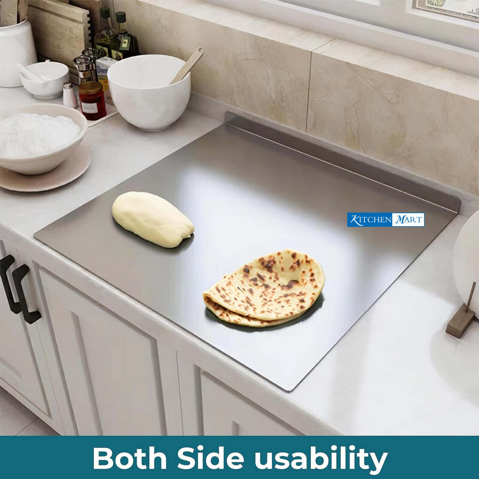 Kitchen mart Counter Top Chopping Board Stainless Steel Worktop Platform Round Edge, Baking, Heavy Extra Large (63 Cm Wide x 47 Cm Deep +25 Mm Bend