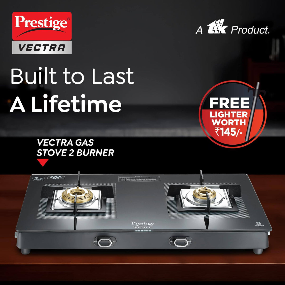 Prestige Vectra 2 Burner Gas Stove - Stylish Black Glasstop free gas lighter