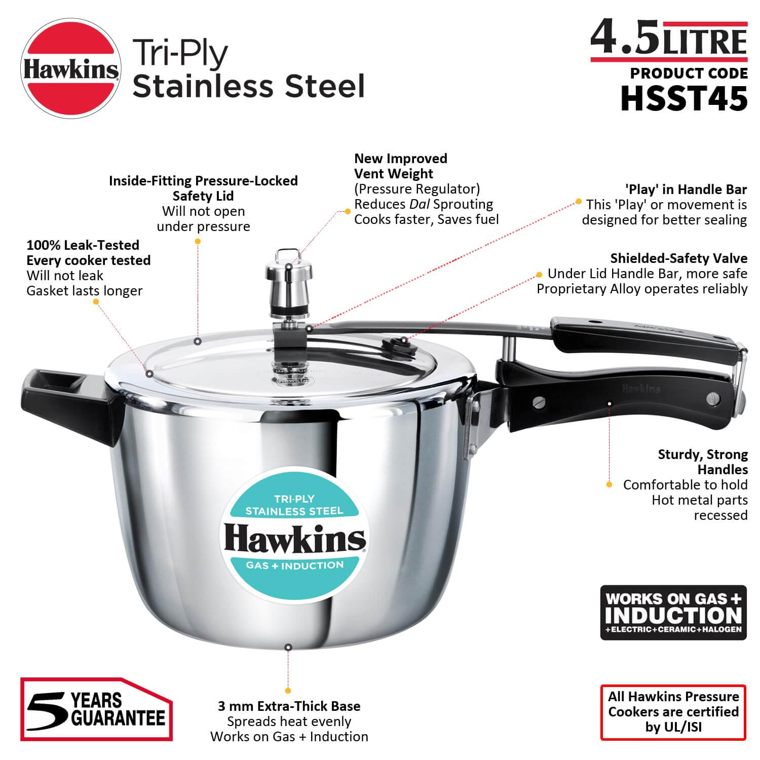 Hawkins Triply Stainless Steel Pressure Cooker - Inner Lid, Induction Compatible with 3mm Extra-Thick Base