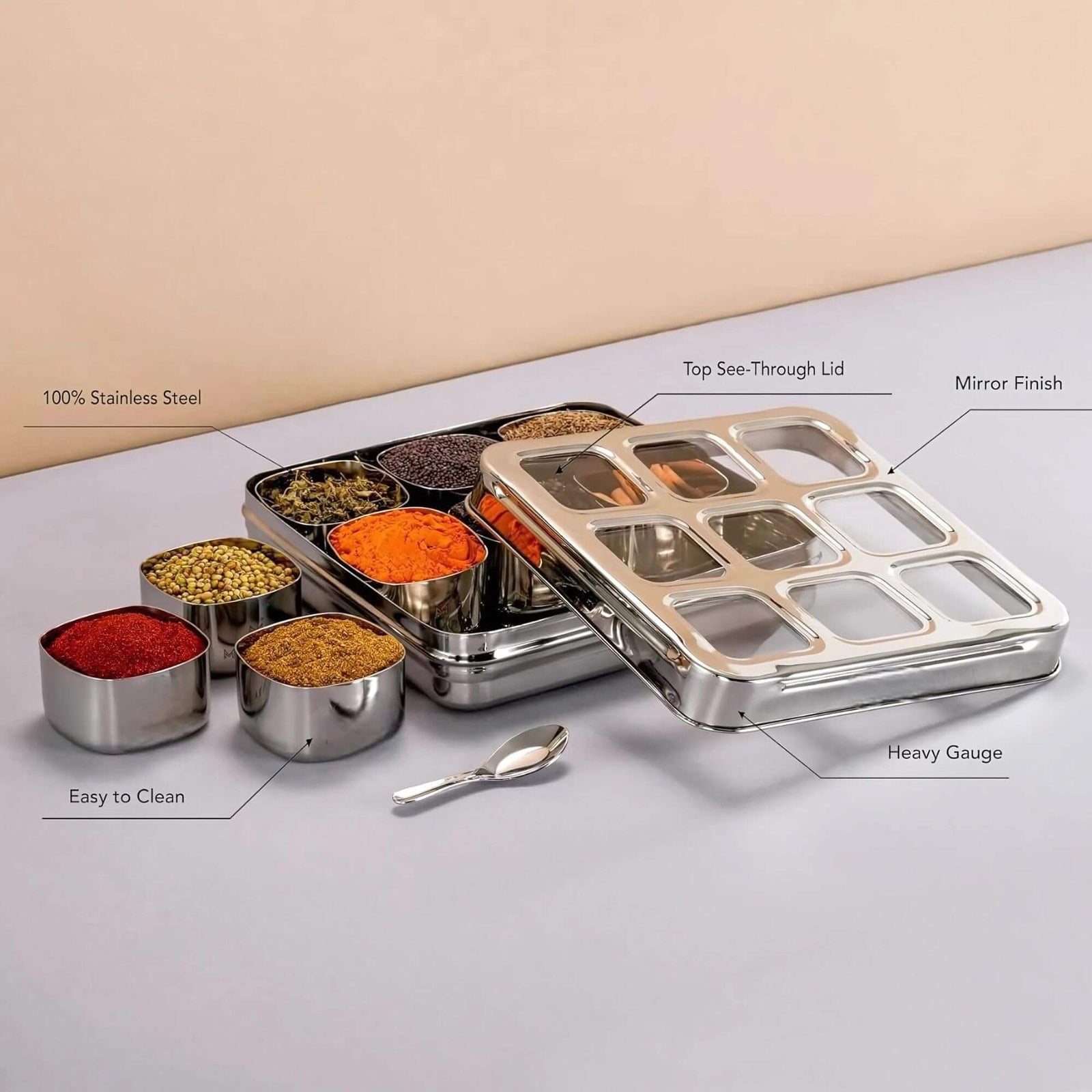 Square masala box showing 9 separate storage containers