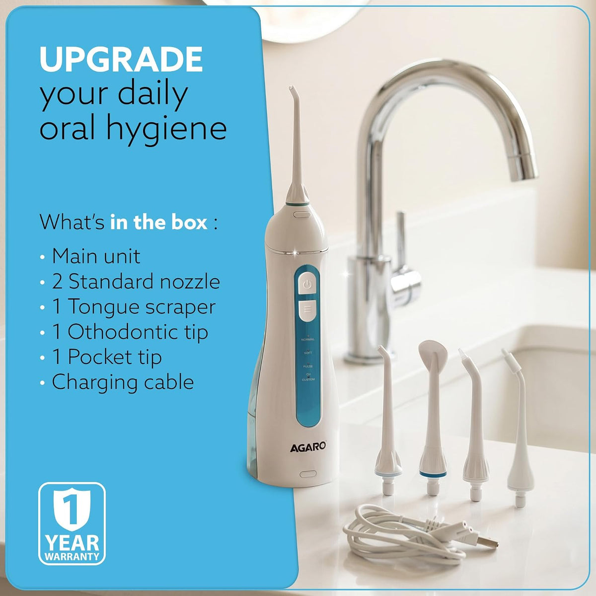 AGARO Ultra Plus Cordless Water Flosser, 200 ml Tank, 4 Cleaning Modes, 5 Nozzles, IPX7 Waterproof Oral Irrigator