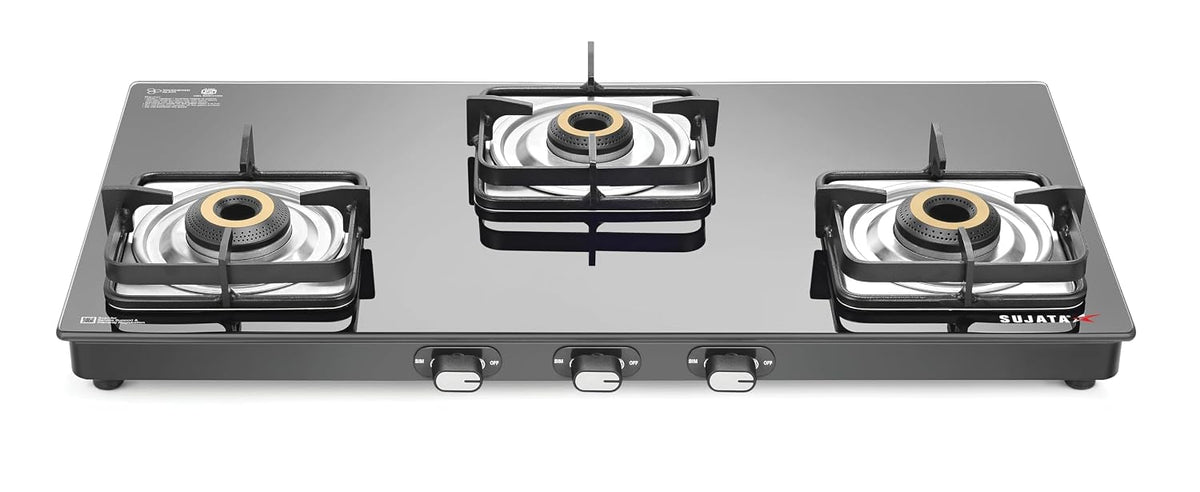 Sujata Classic 3 burner gas stove glass top in black with jumbo brass burners