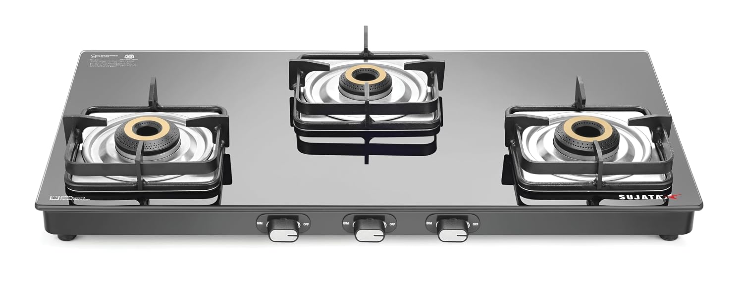 Sujata Classic 3 burner gas stove glass top in black with jumbo brass burners