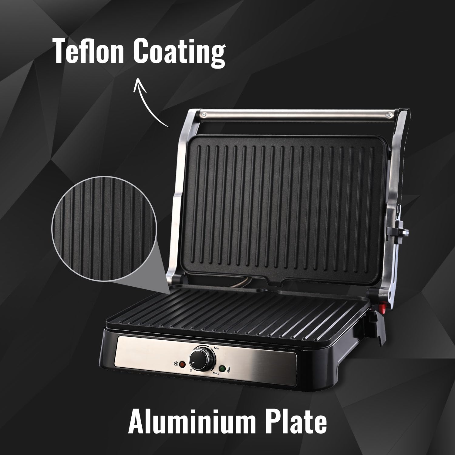 Sujata Multi Purpose Grill SG01 showing grill plate dimensions 13 inch by 8.75 inch with ribbed aluminium surface