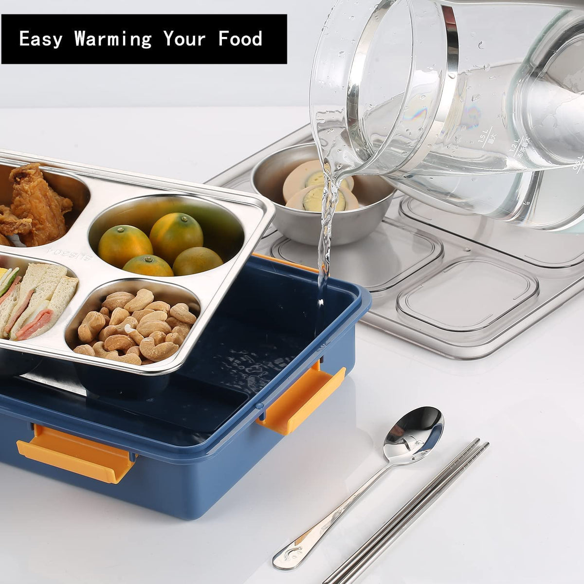 Lunch Box Compartment Stainless Steel with Spoon, for School, Lunch Box for Kids, Lunch Box for School & Office with a Fork, a Spoon and a Pair of Chopsticks