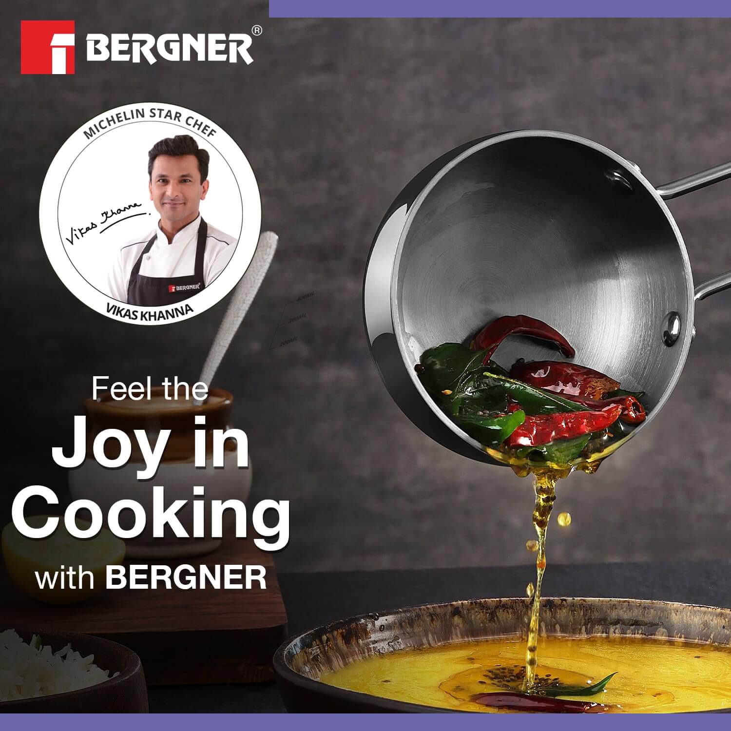 Bergner Essentials Tadka Pan with chilies, promoting the joy of cooking with Michelin Star Chef Vikas Khanna.