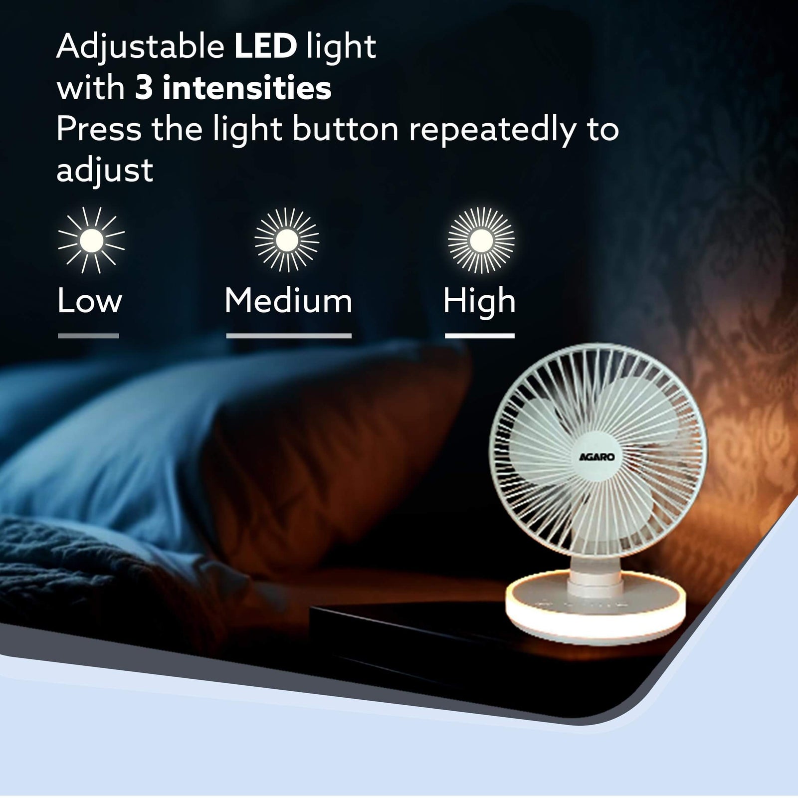 Compact rechargeable AGARO fan with 120-degree oscillation and ultra-quiet brushless motor