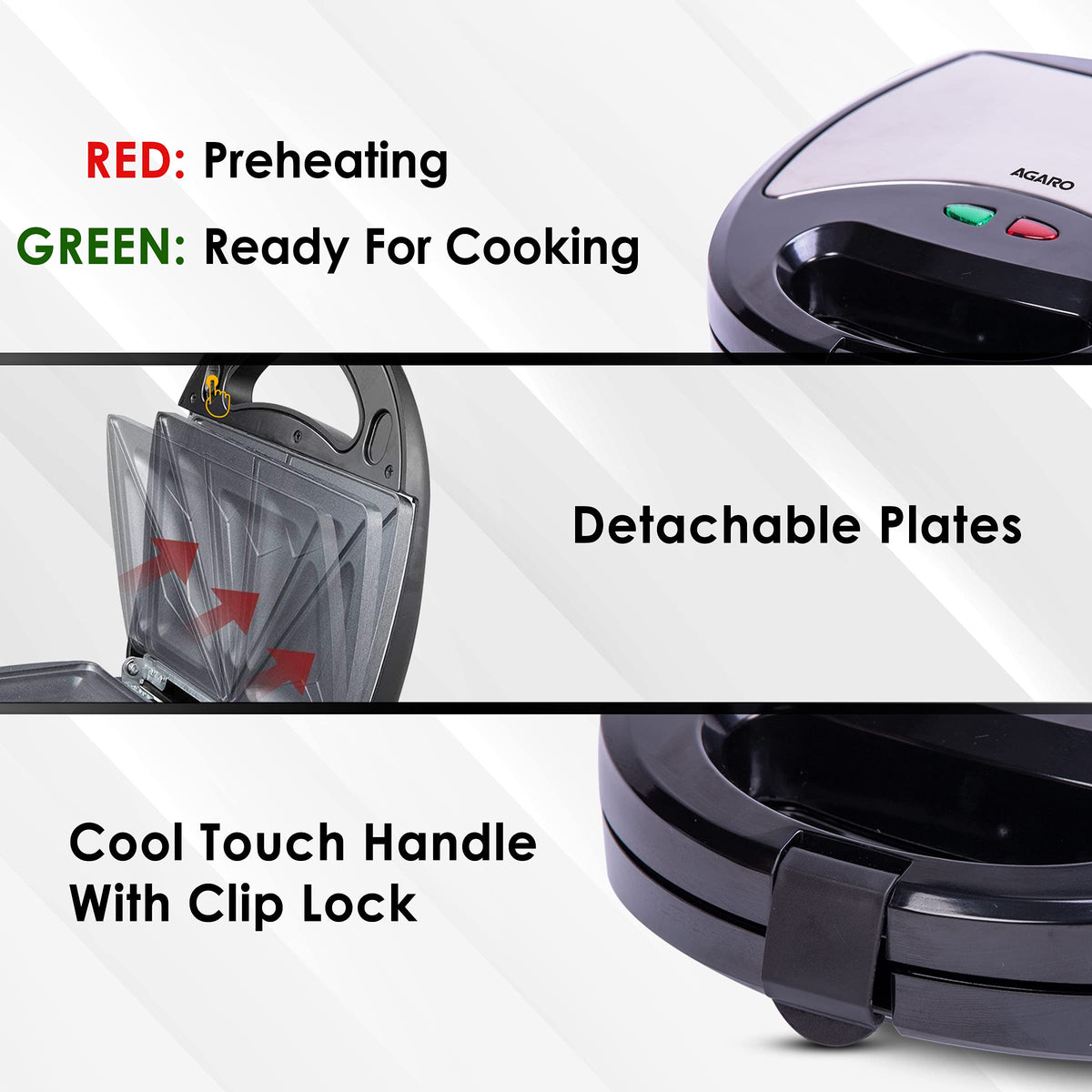 AGARO Regal 750 Watts 3-In-1 Sandwich Maker, Easy Detachable Non-Stick Plates For Sandwich, Grill & Waffle, 2 Slice, Steel