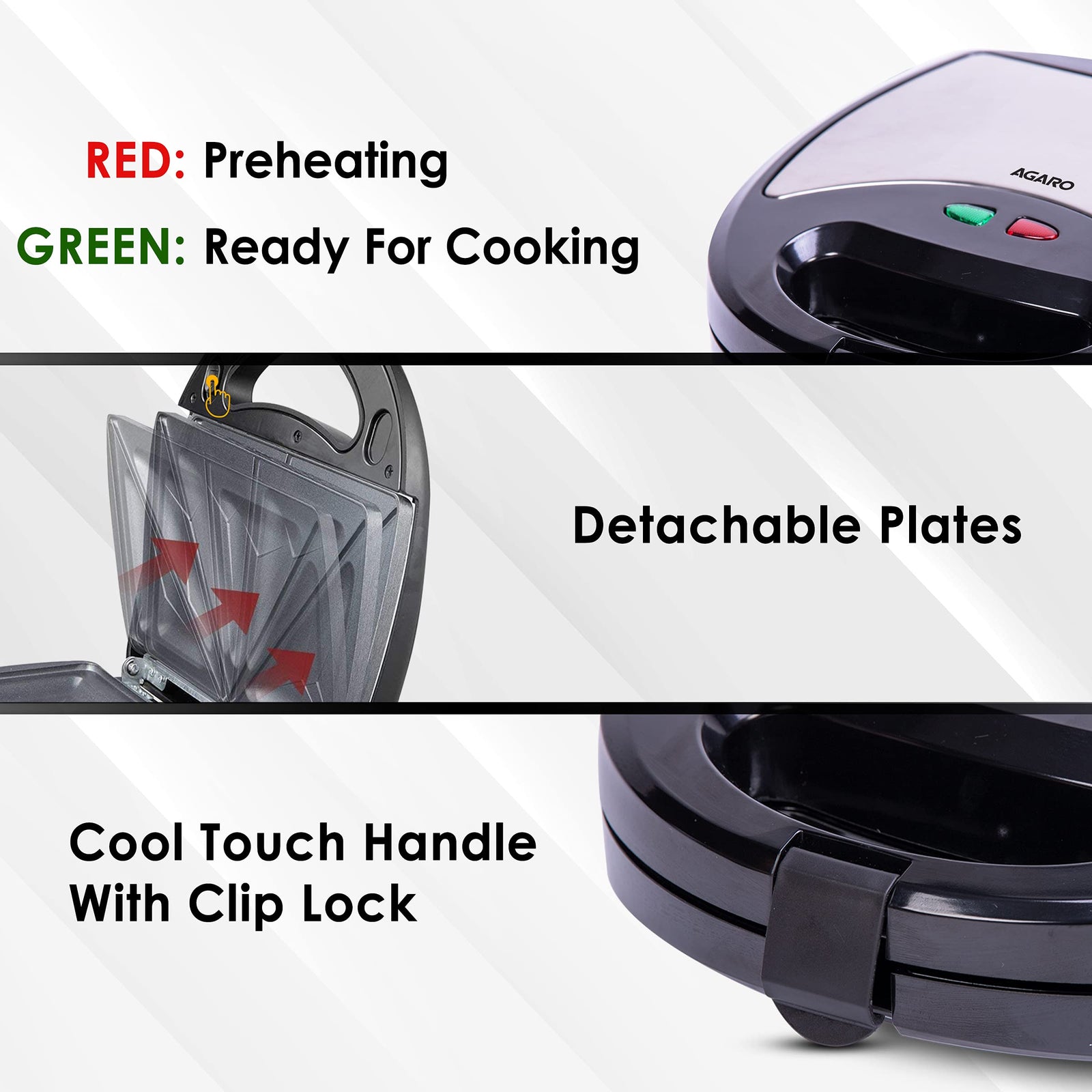 AGARO Regal 750 Watts 3-In-1 Sandwich Maker, Easy Detachable Non-Stick Plates For Sandwich, Grill & Waffle, 2 Slice, Steel