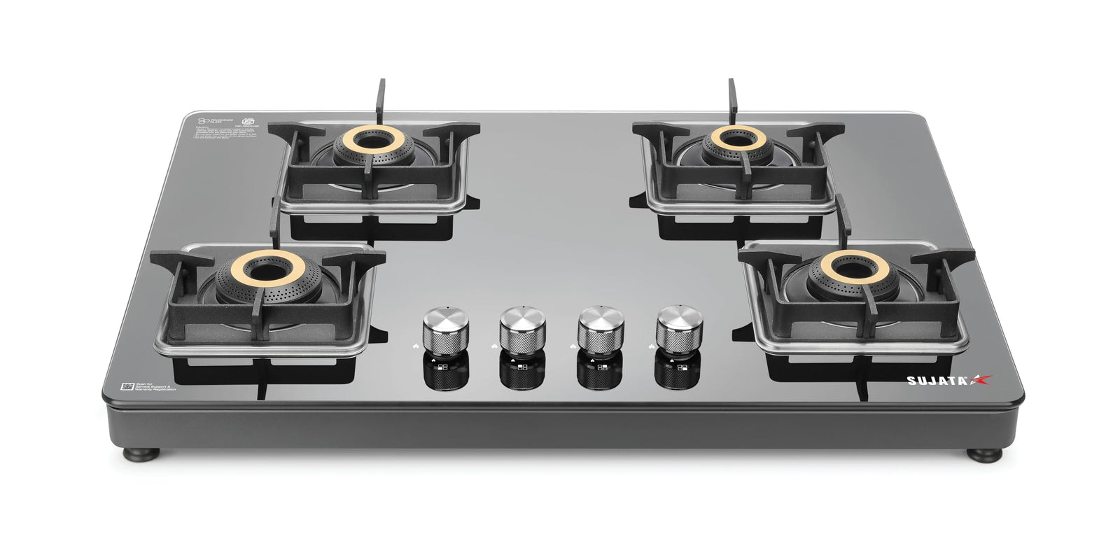 sujata premium glass top Gas stove with four burners on a white background