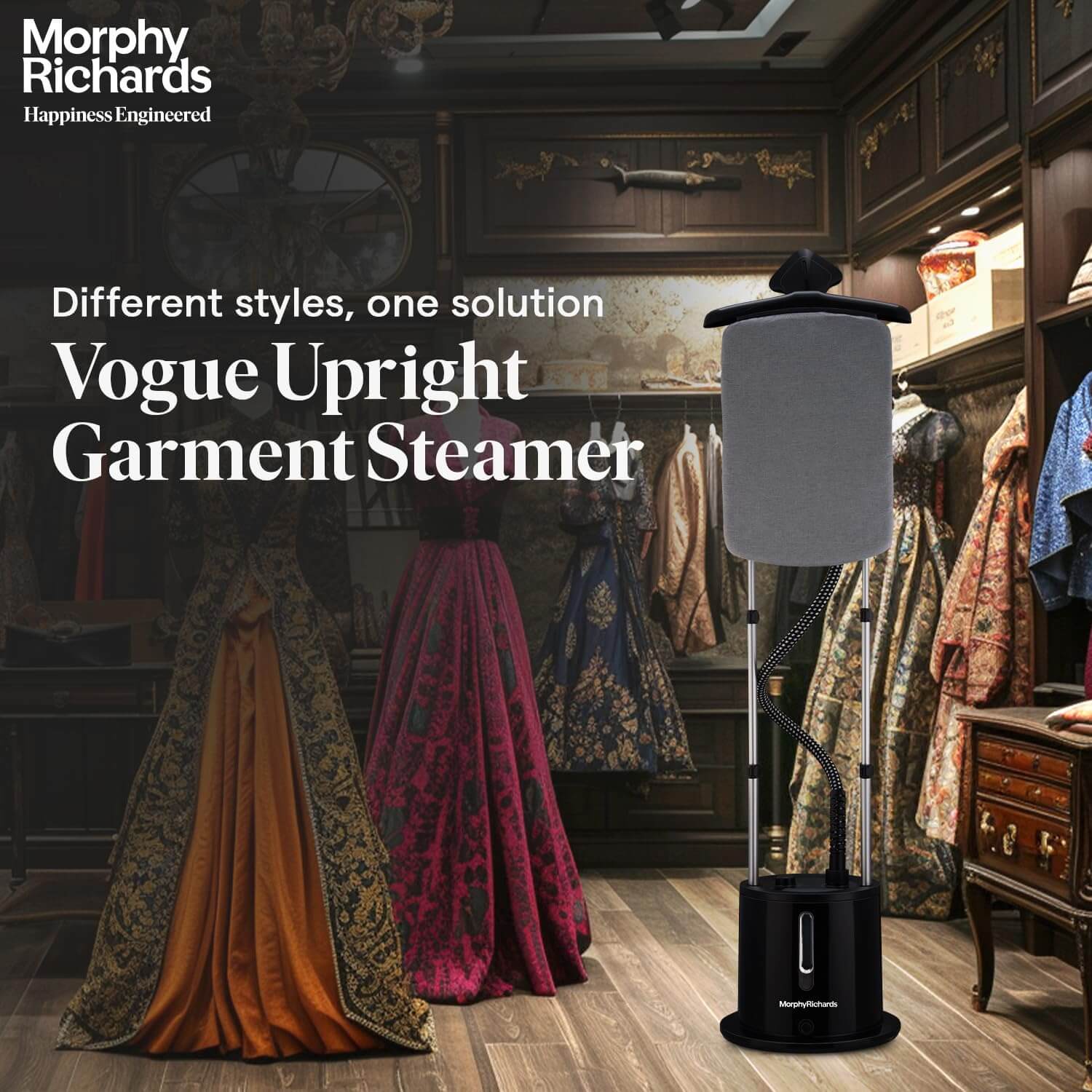 Morphy Richards Vogue upright garment steamer black with adjustable height pole and water tank fashion boutique