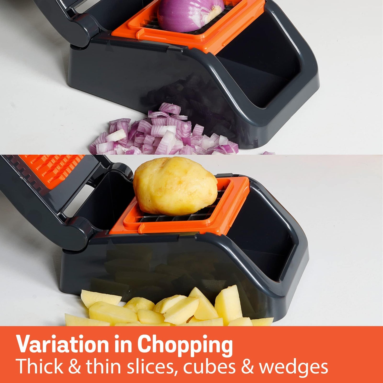 Close up of the rust-resistant stainless steel blade grid on the Meyer 2 in 1 vegetable dicer