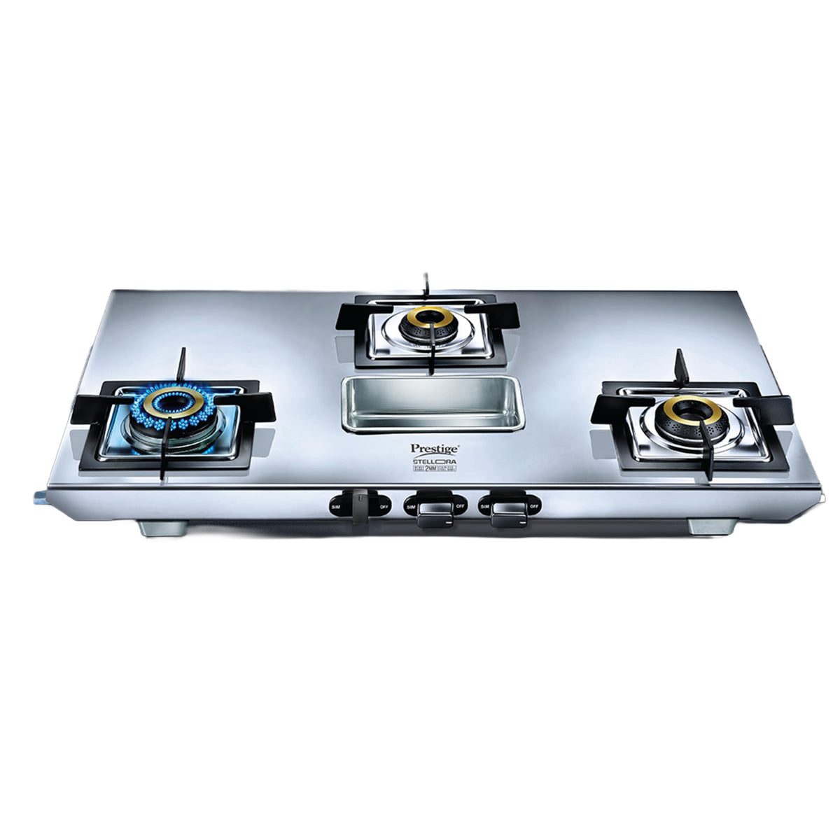 Prestige Stellora 3 burner stainless steel gas stove front view with forged brass burners