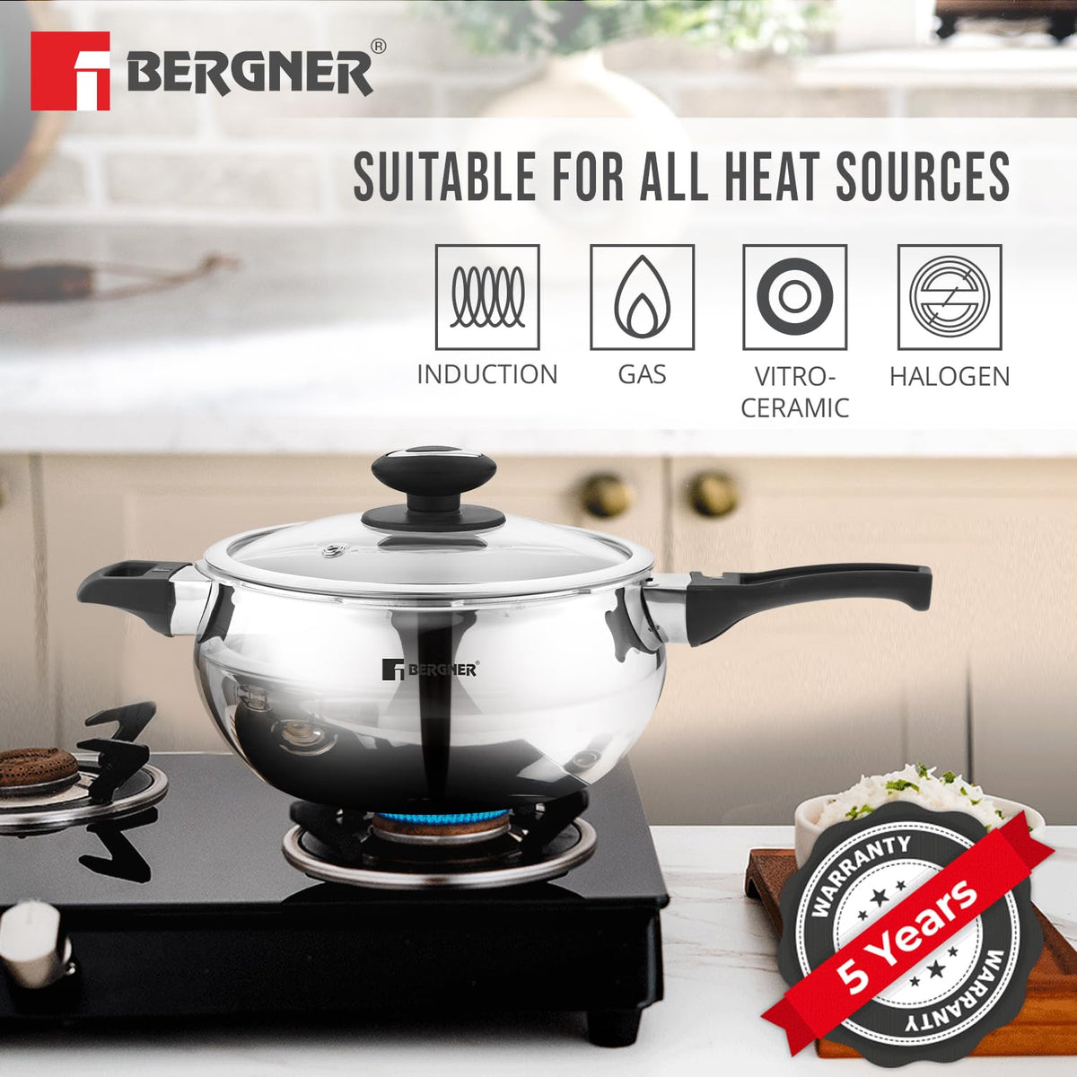 Bergner Paarth Tri-Ply Steel Pressure Cooker with Glass Lid