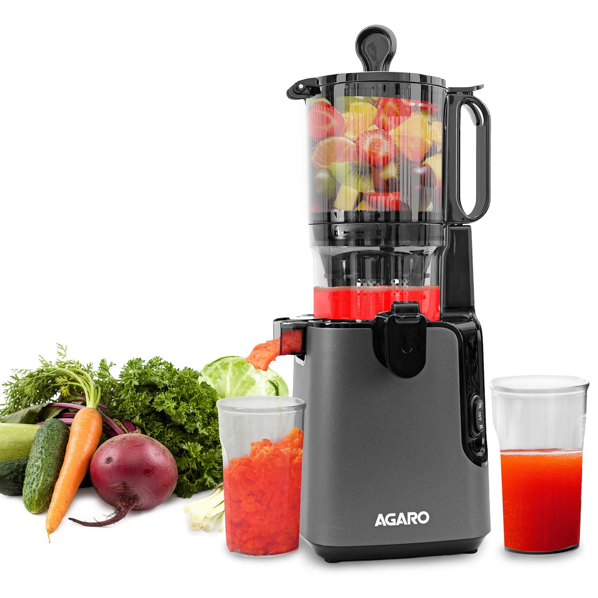 AGARO Regal Cold Press Slow Juicer 250W with fresh fruits vegetables and glass of juice