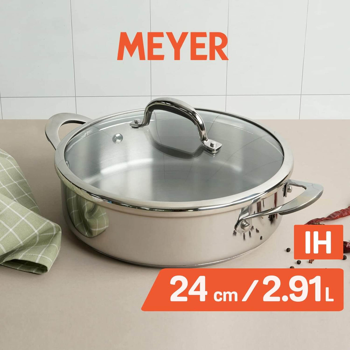 Meyer Select Nickel-Free Stainless Steel Sauteuse with Glass Lid | Triply Base Steel Pan | Gas & Induction Compatible | Dishwasher Safe