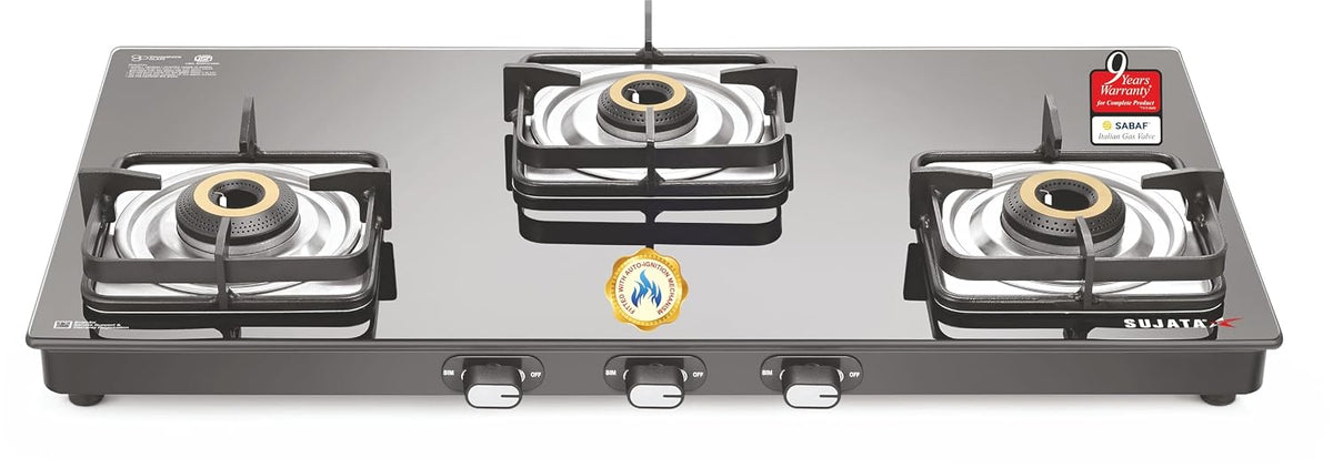Sujata Classic 3 burner gas stove auto ignition glass top in black