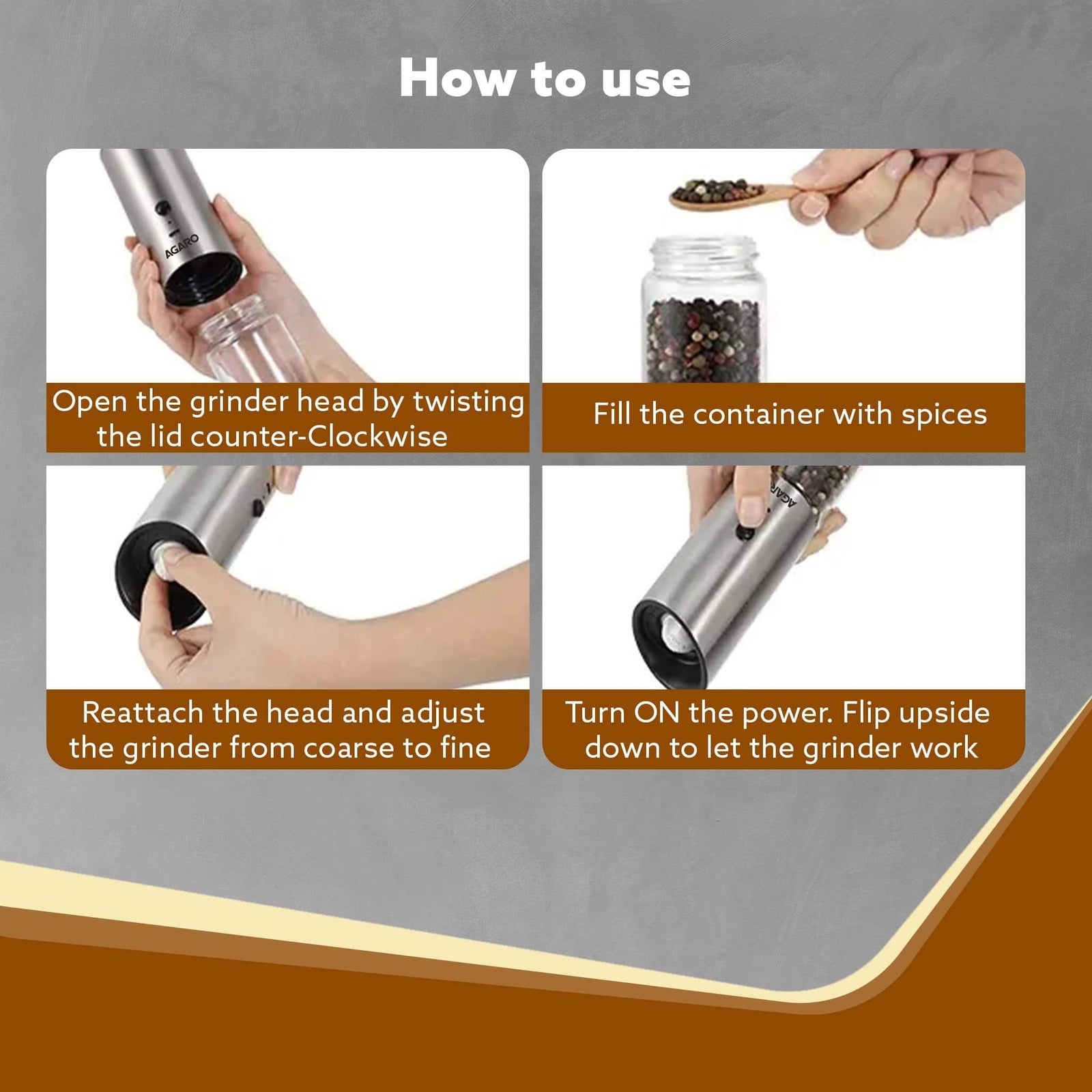 Instructions on how to use a pepper grinder with text overlay.