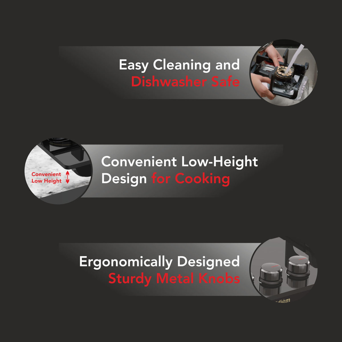 Vidiem Vogue V1-3 Burner Gas Cooktop/Hob - World's First Fully Removable Burner Assembly, Toughened Glass, Hexa Flame Brass Burners