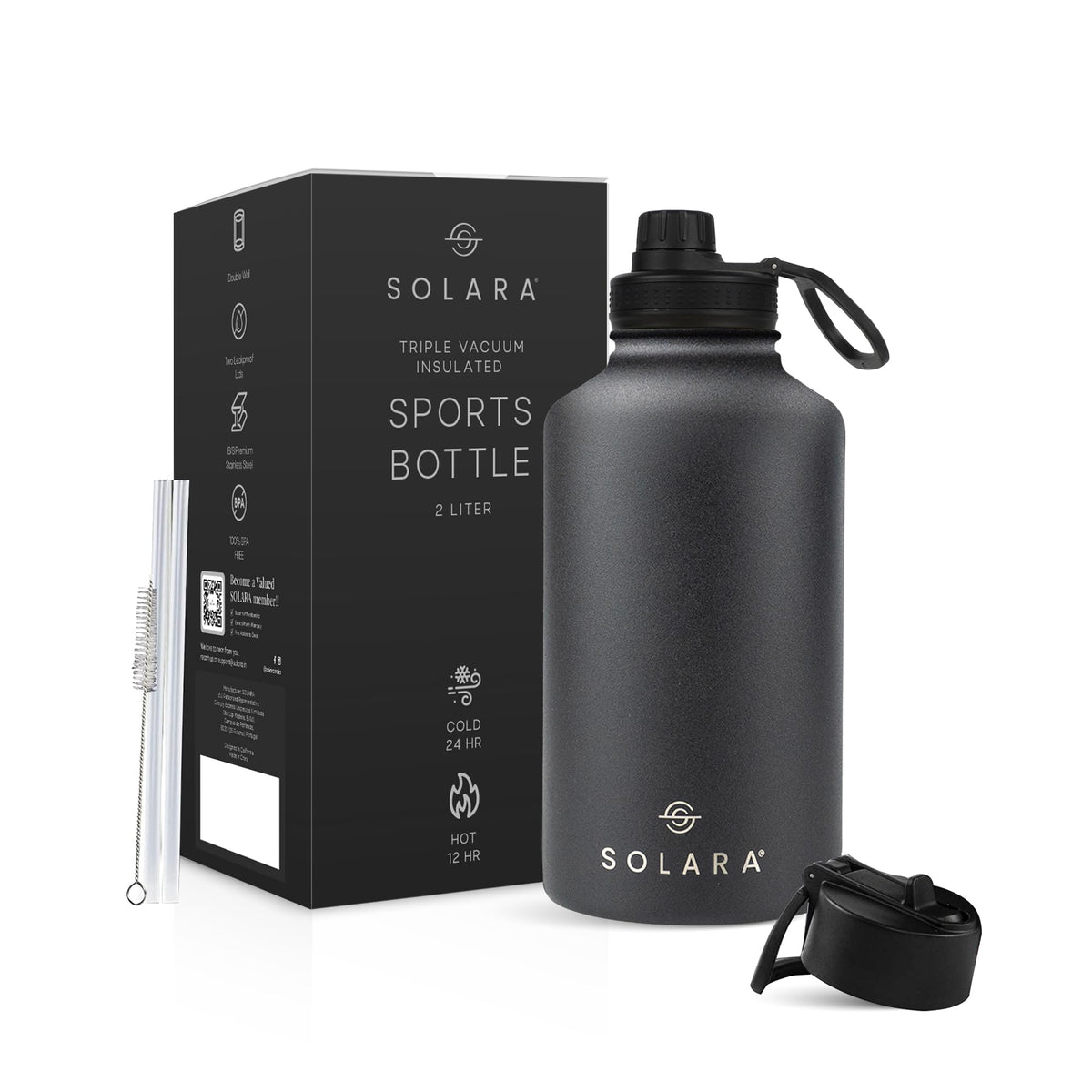 SOLARA 2000ml insulated water bottle in Black Knight matte finish
