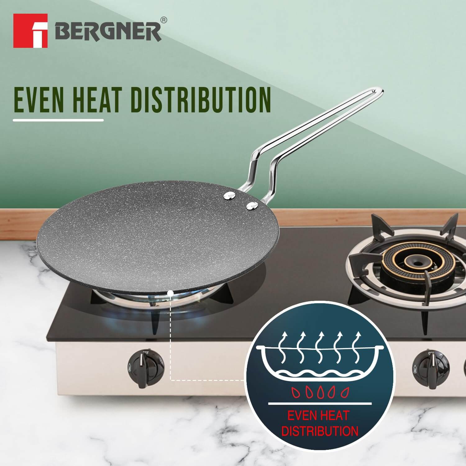 Bergner 26cm induction compatible tawa with Quantanium coating for healthy low-oil cooking