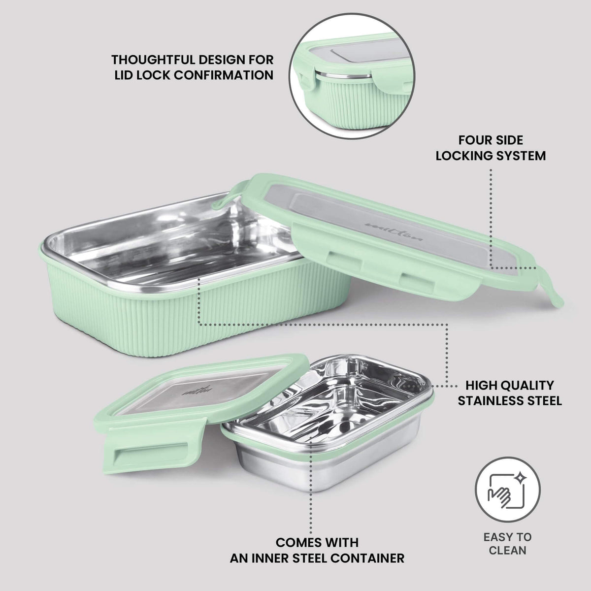 MILTON Cool Touch Epic 800 Microwave Safe Stainless Steel Tiffin Set of 2 (780ml+180ml) BPA Free